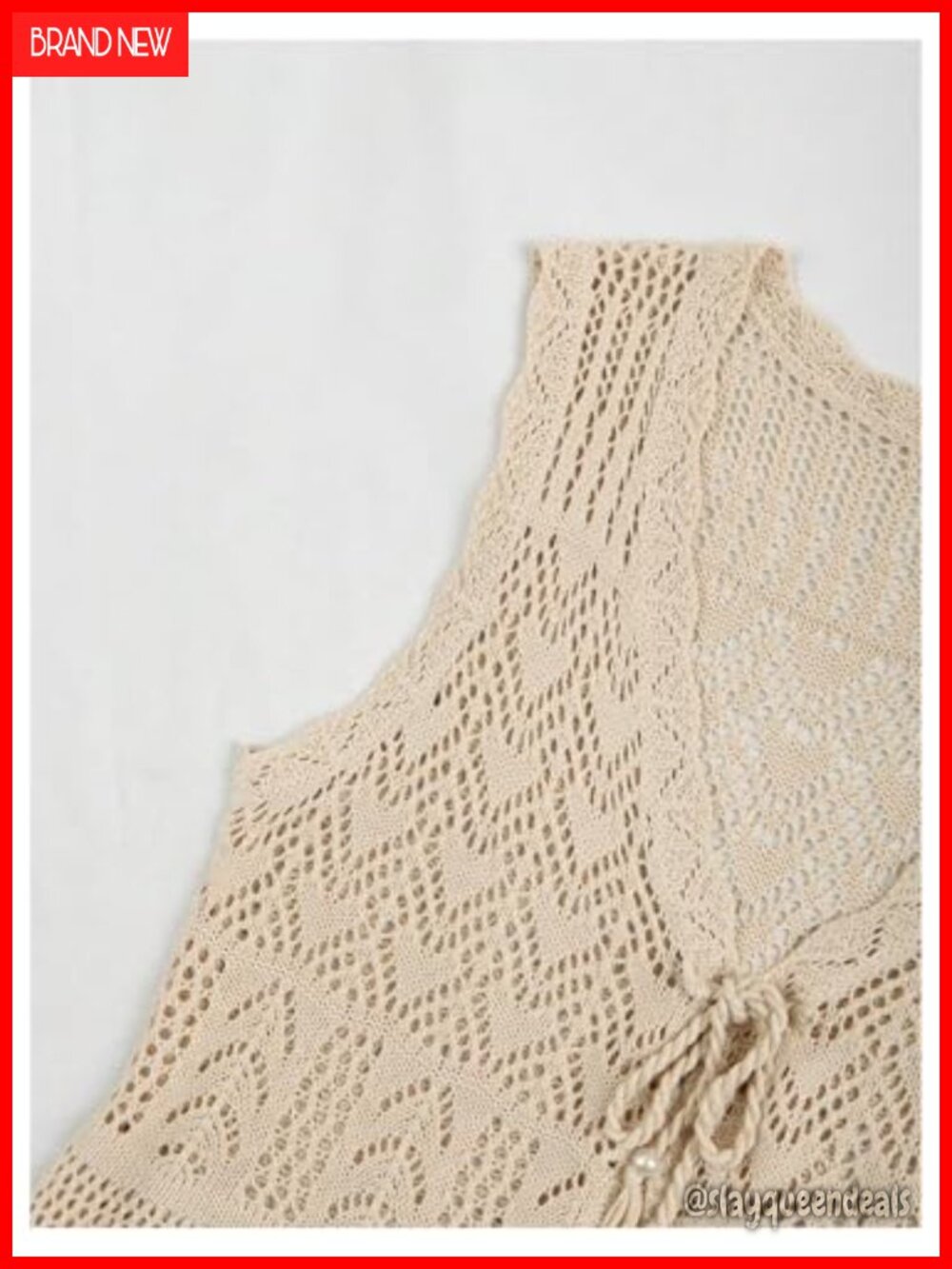 Women's Tie Front Crochet Sweater Vest Hollow Out V Neck Sleeveless Cardigan - Picture 2 of 5